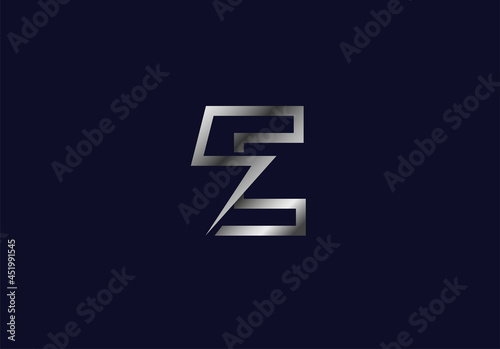 Initial E Power lightning thunderLogo. silver letter E and thunder bolt icon combination isolated on black background, 3d style Logo Design Template element, vector illustration