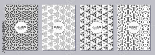 Set of flyers, posters, banners, placards, brochure design templates A6 size with korean, japanese ornaments, triangles. Graphic design for greeting, invitation cards. Vector monochrome backgrounds.