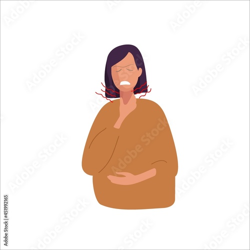 Sore Throat. Suffering from pain. Woman holding her inflamed throat. Girl's throat hurts. Flu, Viral Infection, Influenza or Respiratory Illness. Flat vector illustration. Physical injury collection