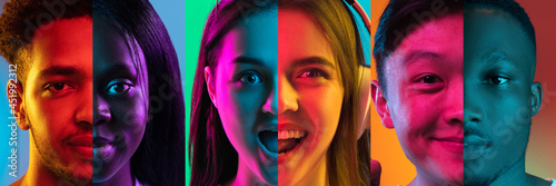 Collage of cropped male and female faces isolated over multicolored neon backgrounds. Flyer