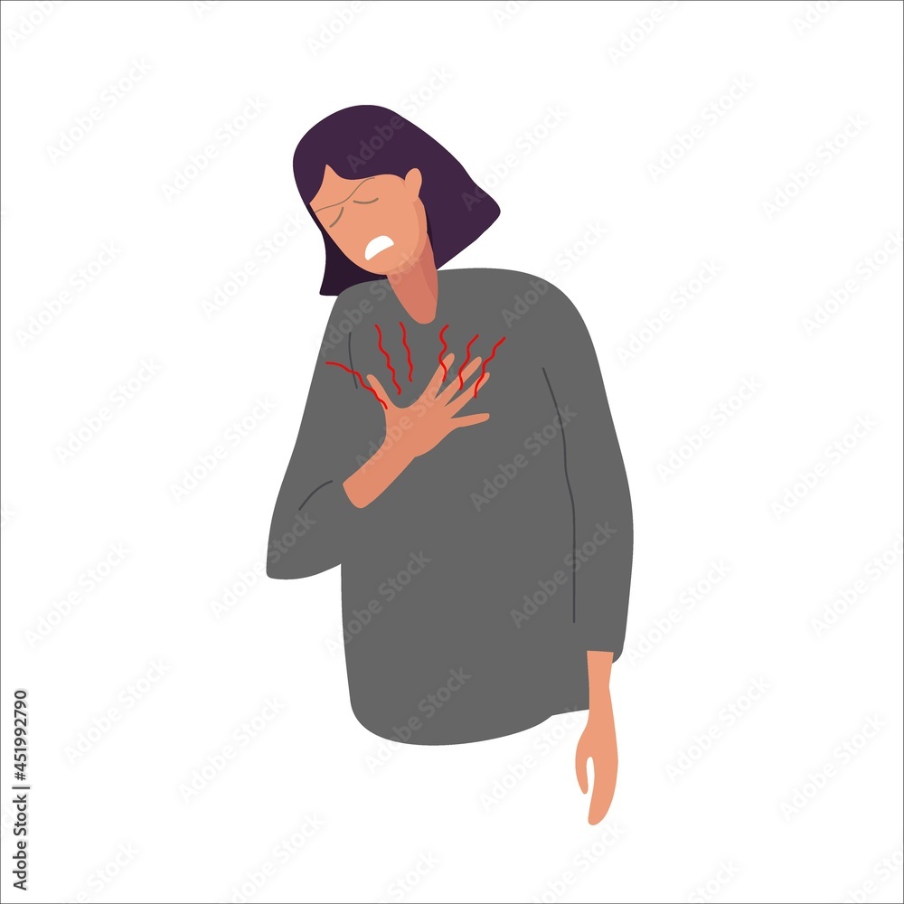 Heartache, heart attack. Suffering from pain. Woman presses her hand to chest to heart. Discomfort in chest. Female has heart disease and feel pain Flat vector illustration. Physical injury collection