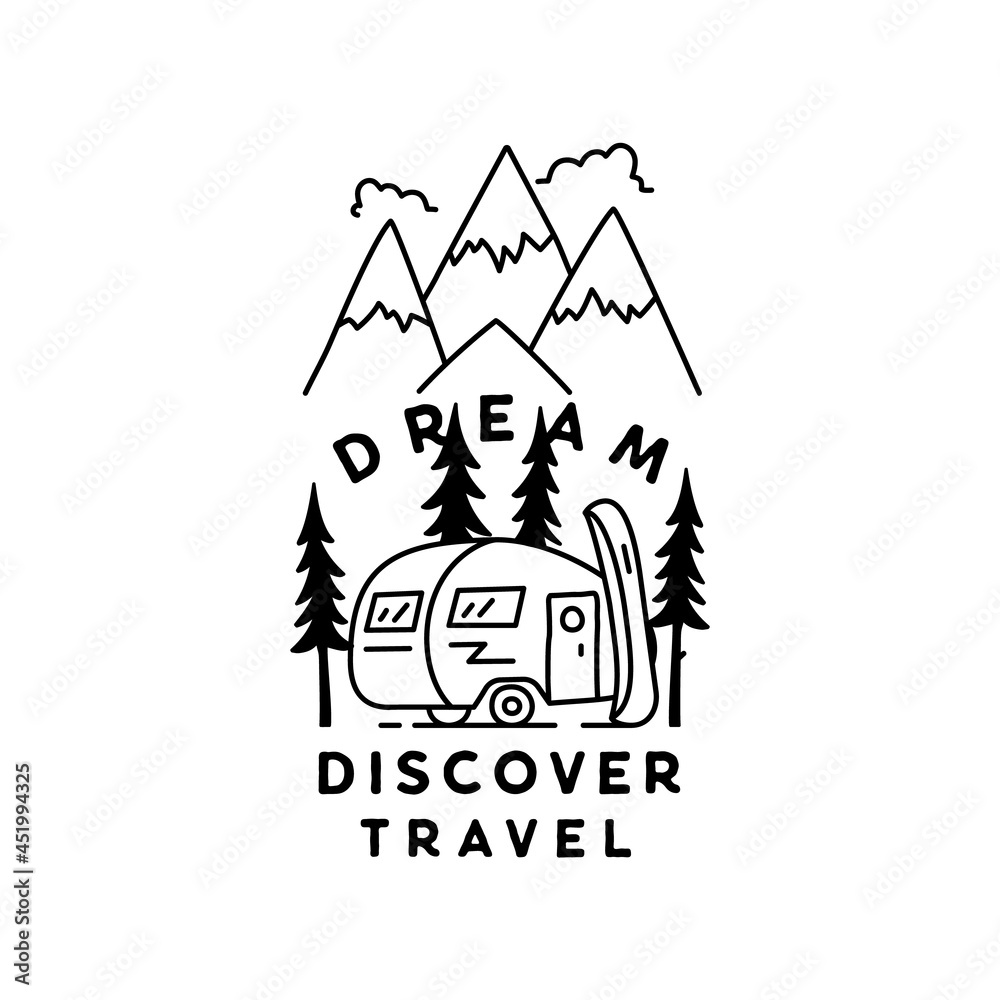 Vintage simple camp logo design. Outdoor adventure line art scene, hiking landscape. Dream Discover Travel, Silhouette linear concept. Stock badge