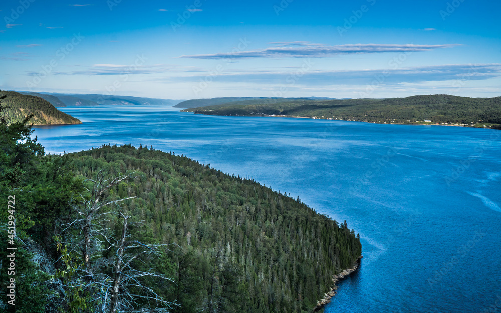 View from Croix du Centenaire, at the top of Eucher hiking trail on the Saguenay Fjord (La Baie, Chicoutimi, Quebec, Canada)