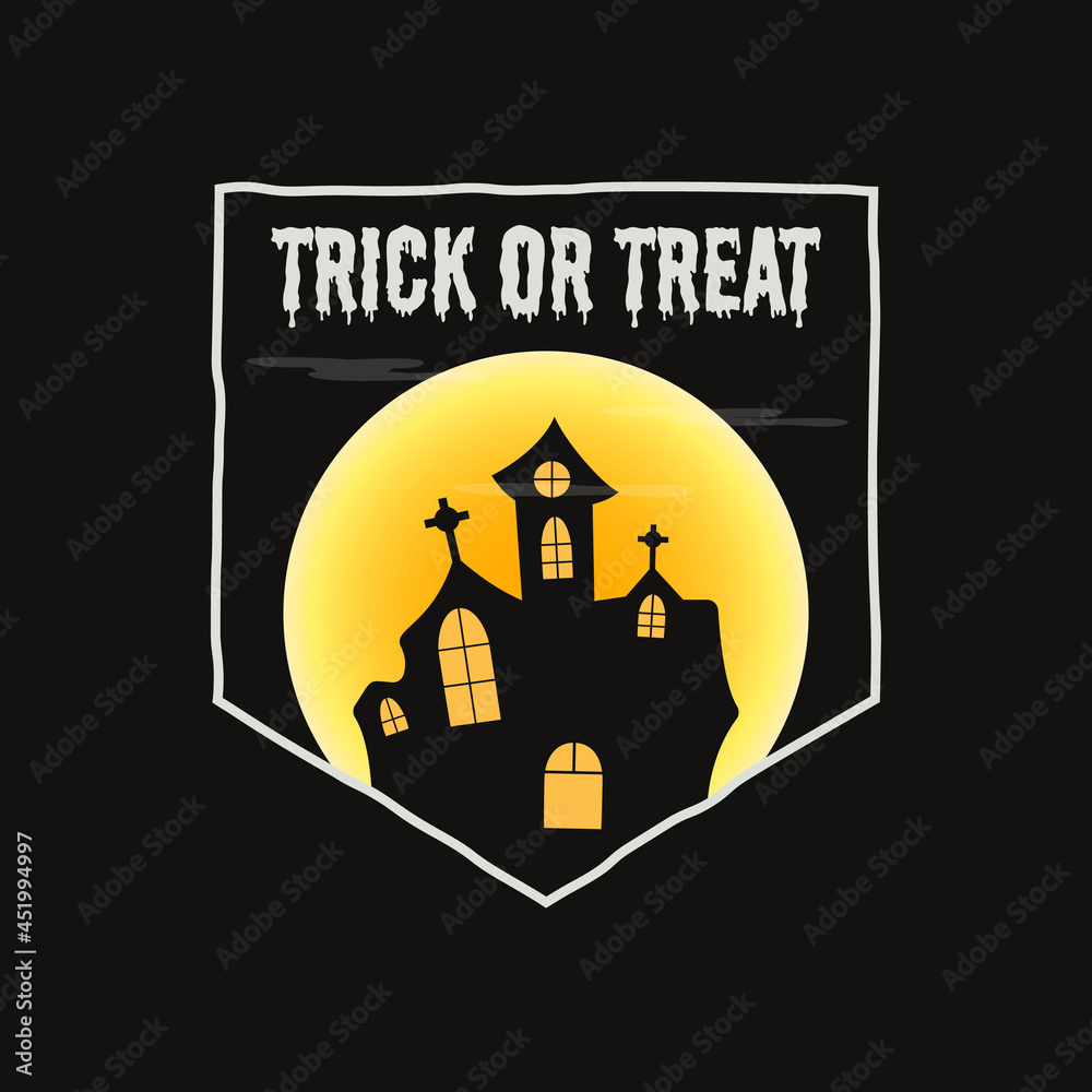 Vintage Halloween typography badge graphics with horror castle landscape scene, moon and quote text - Trick or Treat. Holiday retro emblem label. Stock sticker on black background