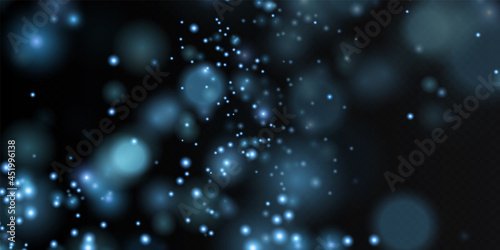 bokeh sparkling dust with blue sparkling stars on a transparent background. Glittering texture. Christmas effect for luxury greeting rich card. 