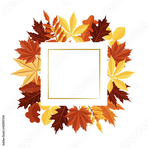 Square frame made of autumn leaves. An empty space for the text. Postcard. A design element. Vector.