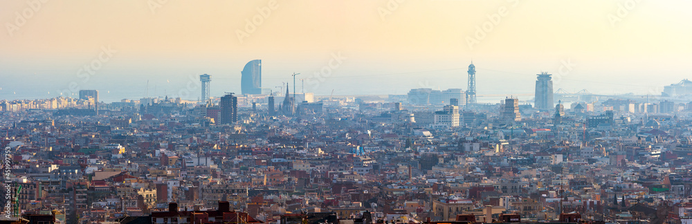 Stunning evening panoramic view of of Barcelona, Catalonia, Spain.