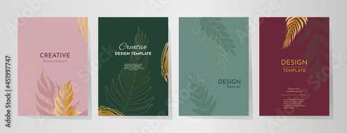 Botanical modern covers. Set abstract banners with leaves in minimal style. Hand drawn branch design. Flyers, Web design, Business cards, Book Illustration, Presentations. Colors: green, pink, gold