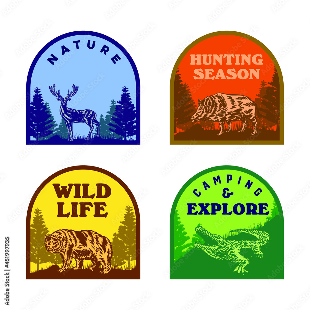 Set of Wild life animal badge crocodile bear deer hog
