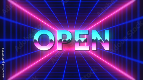 Retro Futuristic Colorful Open Text Style On 3d Perspective Mesh Rectangle Tunnel And Neon Light Background Design