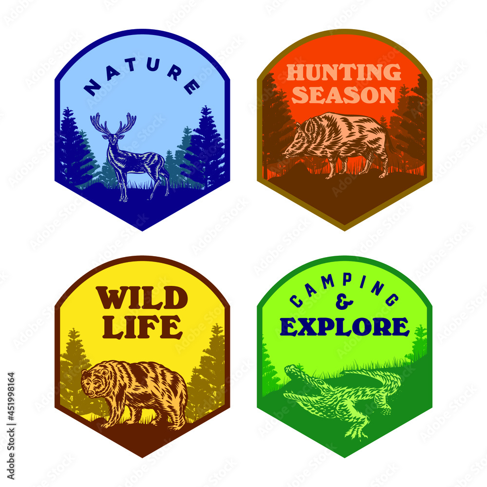 Obraz premium Set of Wild life animal badge crocodile bear deer hog