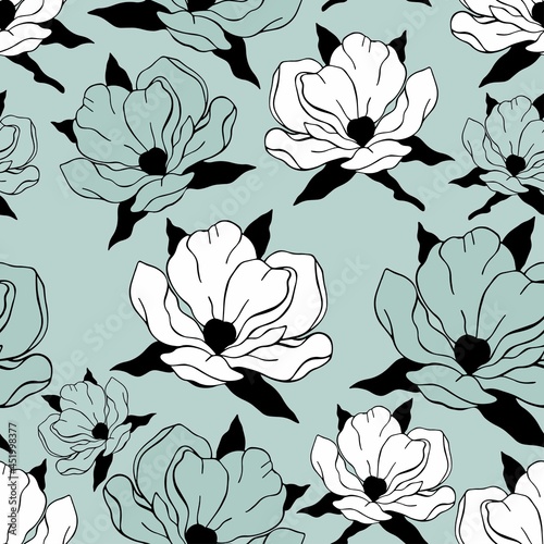 Vector seamless pattern of magnolia flowers. Spring flowers, flowering tree. Design for printing on textiles, packaging, paper, wallpaper.