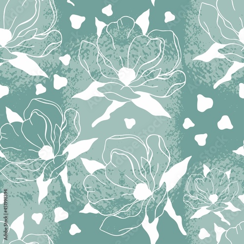 Vector seamless pattern blooming magnolia. Flowers silhouette contour white. Design for printing on textiles, packaging, paper, wallpaper. 
