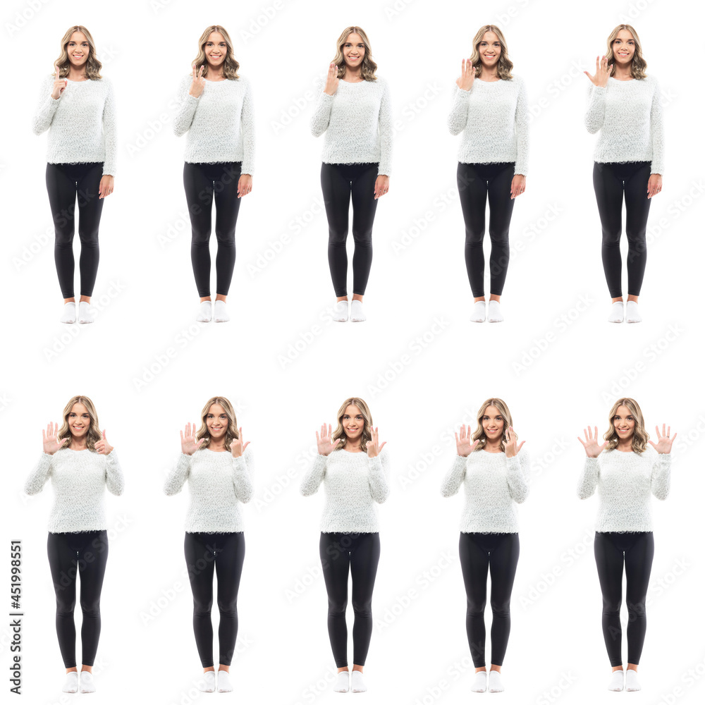 Obraz premium Collage of happy women in soft sweater counting numbers from one to ten gestures. Full body people isolated on white background