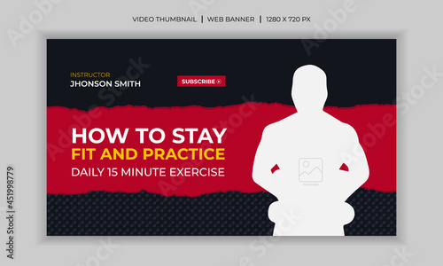 Social media video cover photo template design for workout exercise gym fitness web banner and video thumbnail template design