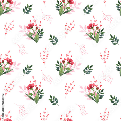 Watercolor seamless floral pattern with red flowers and leaves on white background. Botanical background with wildflowers and herbs for textile, prints, wallpapers and wedding decoration. © Katurlich