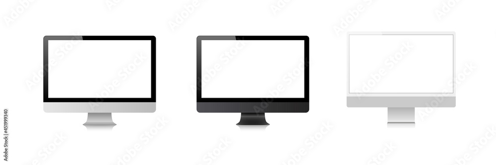 desktop blank screen computer mock up. modern monitor vector isolated on white background. mockup set
