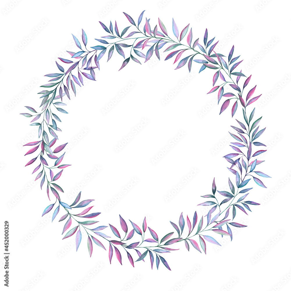 Colorful rainbow leaves watercolor wreath. Green, blue, pink foliage botanical illustration