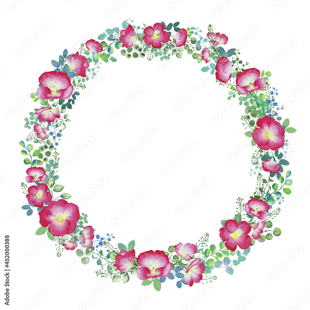 Pink summer flowers and green leaves wreath. Watercolor floral bouquet. wildflowers frame botanical illustration 
