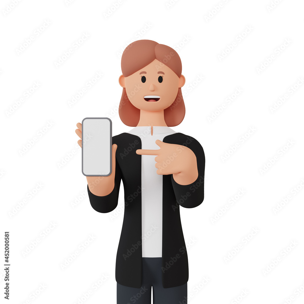 3d rendering female character pointing up smartphone. 3d rendering female character pointing up smartphone.