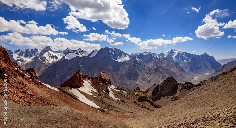 A magnificent panorama of the Muzskol Range in the Pamirs. The seven thousandth mountains of Tajikistan.