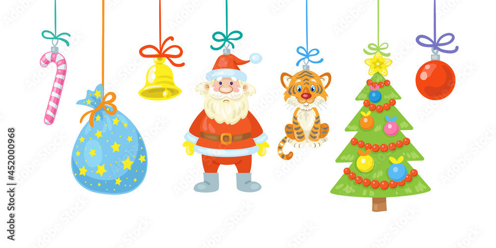 Christmas card. New Year's cute toys on the colorful strings. Santa Claus, funny tiger, Christmas tree, gift bag, golden bell, glass ball. In  cartoon style. Isolated on white. Vector illustration.