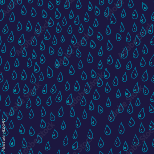 Cute seamless hand-drawn pattern with falling waterdrops on dark blue background. Pattern for fabric, backdrops etc. made in vector