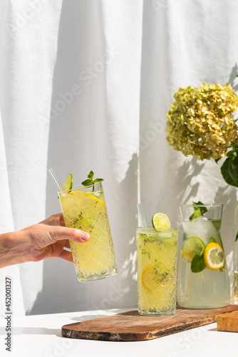 Photo of refreshing summer lemonade cocktail in glass with fresh citrus lime lemon and green mint outdoors with white background