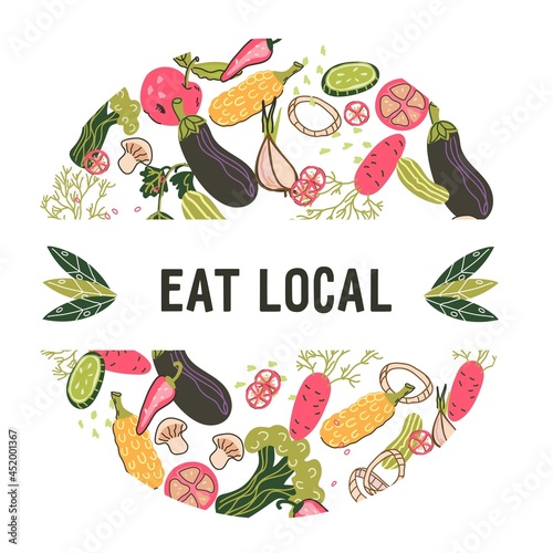 Eat local emblem or label with fresh vegetables, flat cartoon vector illustration isolated on white background. Food market logo element in circle frame.