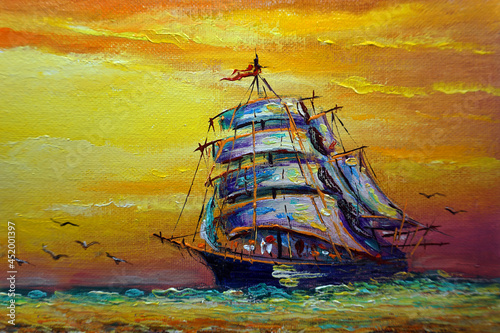 Art painting oil color sailboat , auspicious , fortune  ,  junk boat