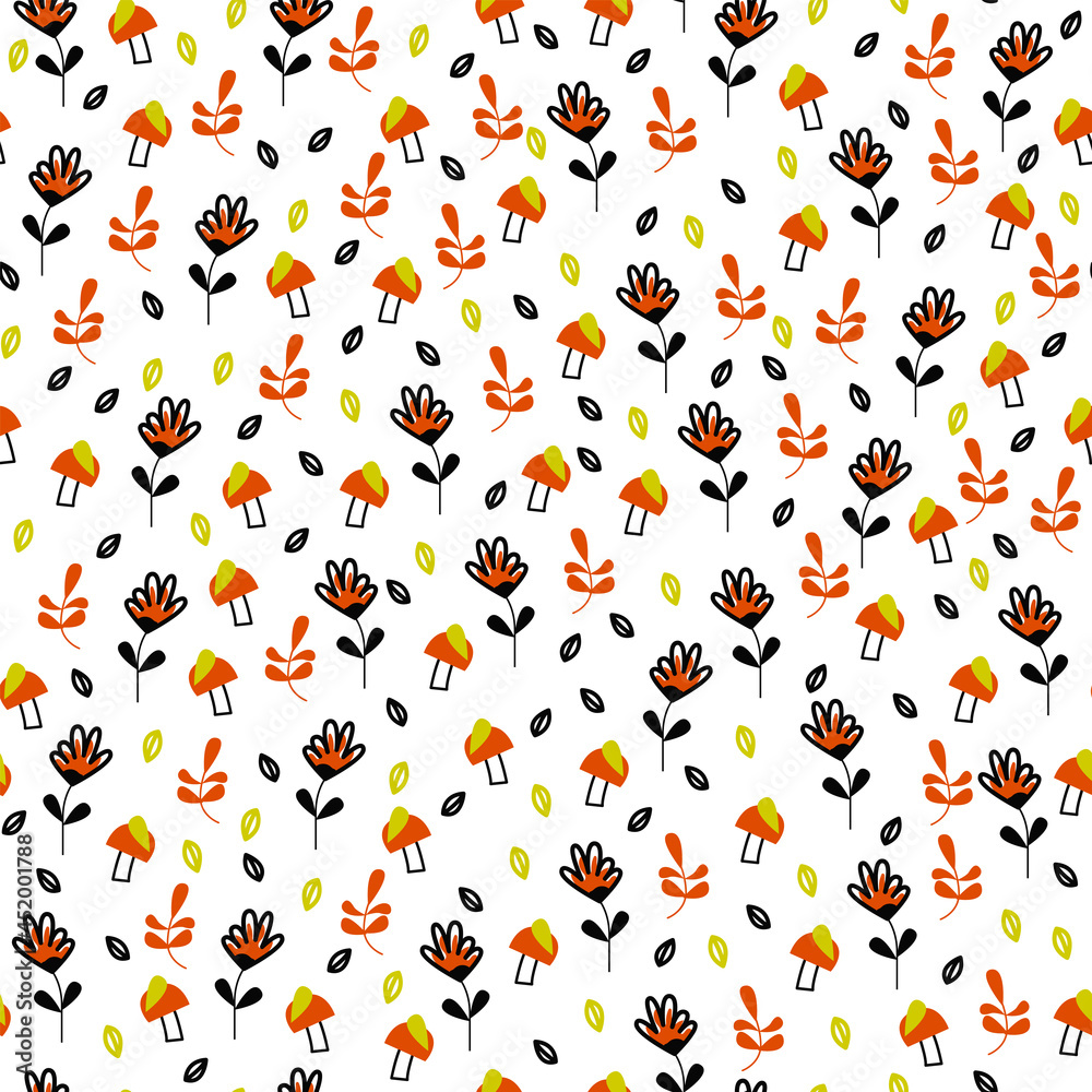 Autumn seamless pattern with tiny elements such as flower, leaves, branch, mushroom. Fall season background in cartoon style isolated on a white