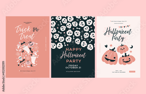 Halloween party posters. Cute kid style templates. 
