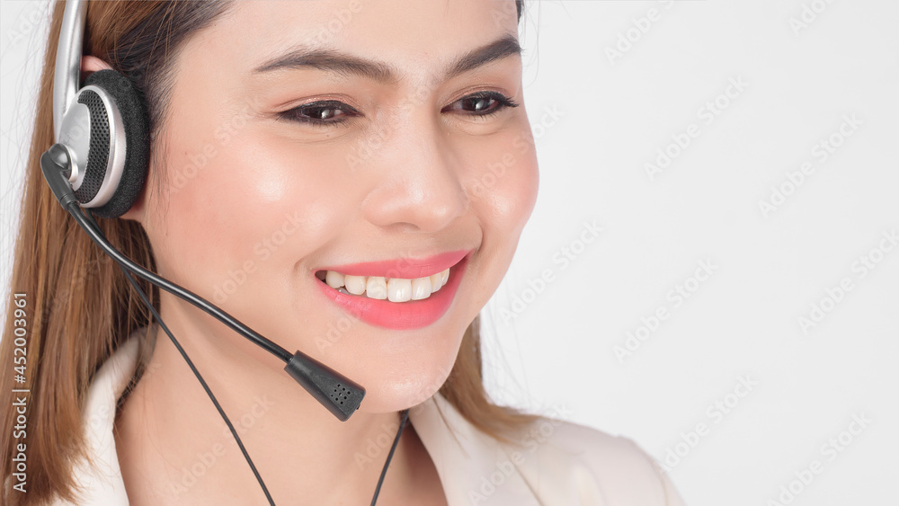 Customer service operator woman in suit wearing headset over white background studio. Customer service operator woman in suit wearing headset over white background studio.