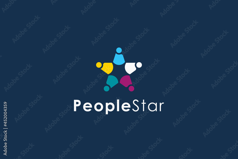People and Star Logo. Colorful Five Star with Human Symbol Combination isolated on Blue Background. Flat Vector Logo Design Template Element for Business and Teamwork Logos. People and Star Logo. Colorful Five Star with Human Symbol Combination isolated on Blue Background. Flat Vector Logo Design Template Element for Business and Teamwork Logos.