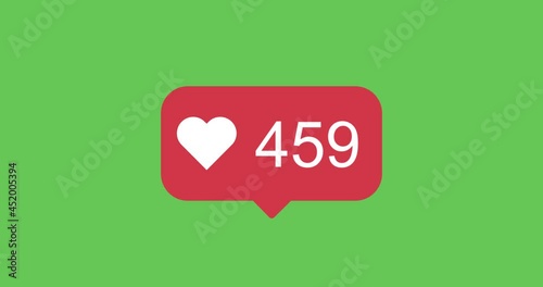 Animation on a green background. Increasing number of likes on chroma key.