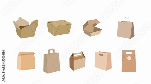 Vector Isolated Set of Different Paper Bags or Take Away Boxes