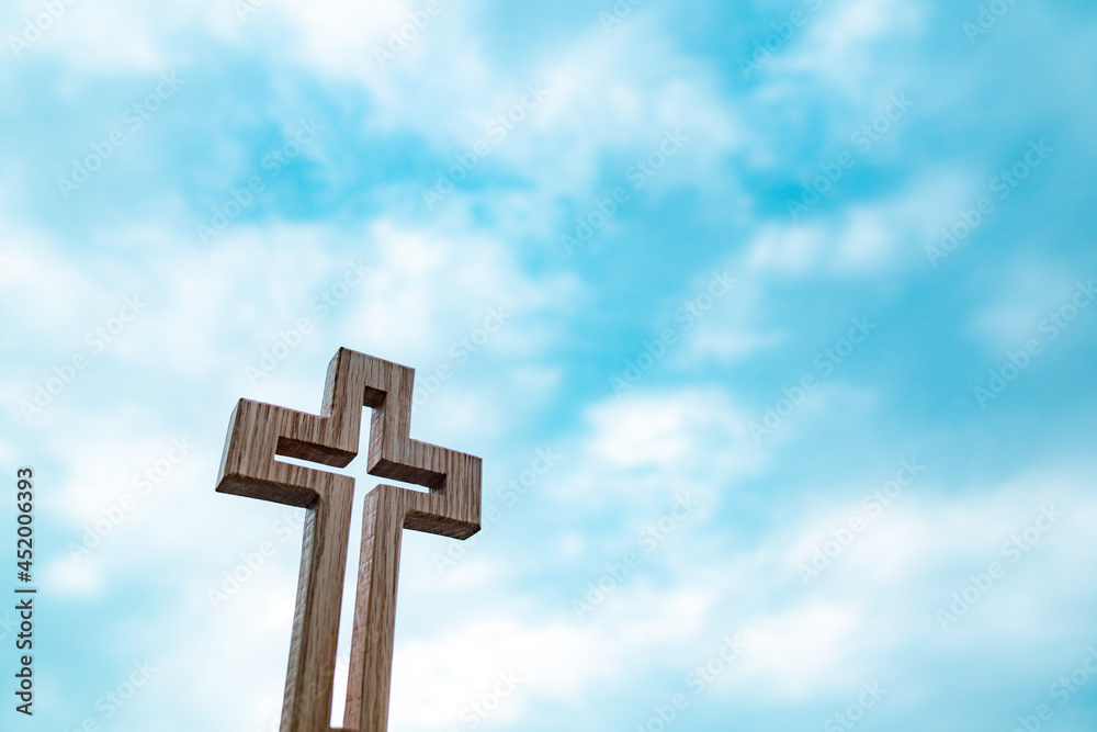 Blue Sky Background Wooden Cross