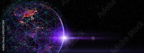 Obraz na płótnie Communication technology for internet business. Global world network and telecommunication on earth cryptocurrency and blockchain and IoT. Elements of this image by NASA.blurred dept of field. w salonie