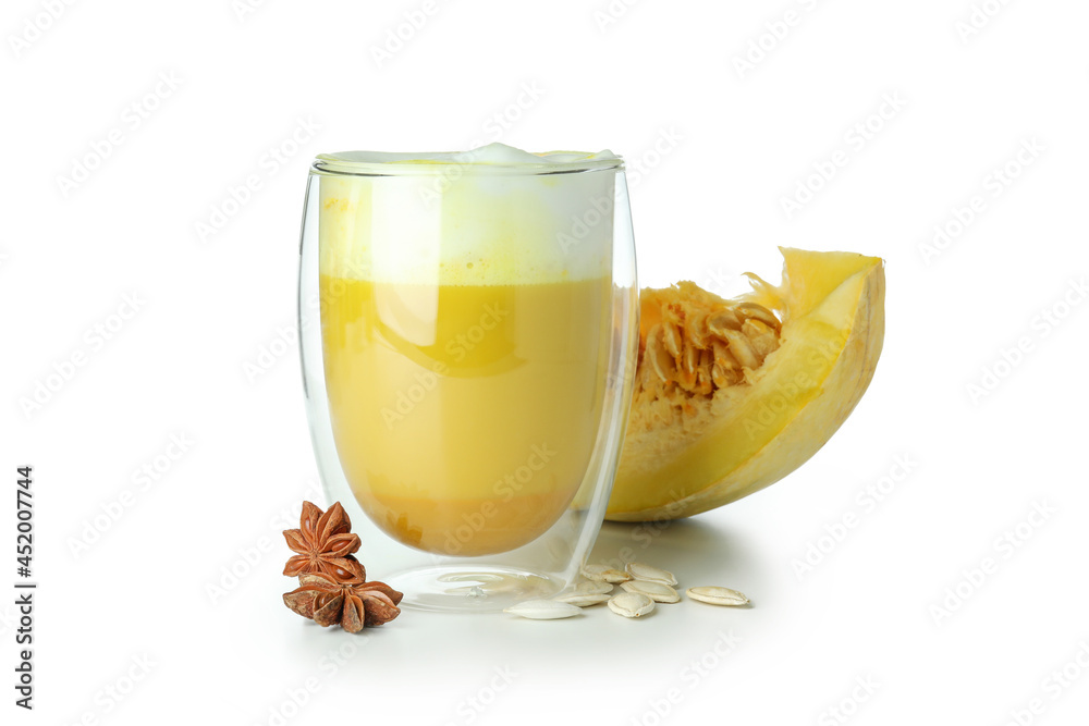 Glass of pumpkin latte isolated on white background Glass of pumpkin latte isolated on white background