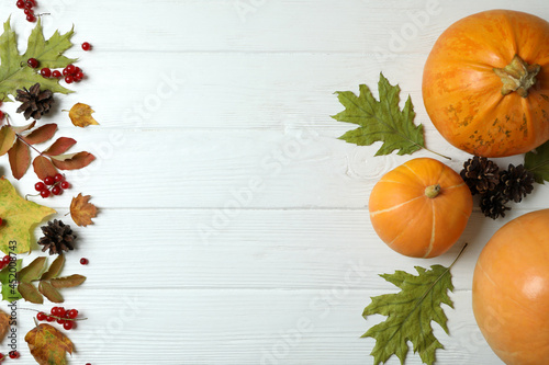 Thanksgiving Day composition with pumpkins on white wooden table