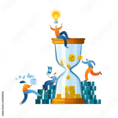A group of characters are fussing around an hourglass in which money is dripping. A metaphor on the topic of time management and deadline in the company.