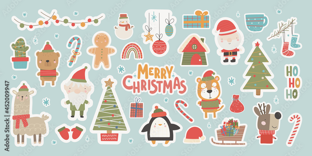 Christmas Stickers the collection in a cute style with traditional elements of Christmas and New Year Vector illustration