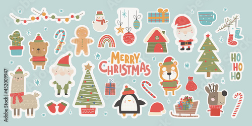 Christmas Stickers the collection in a cute style with traditional elements of Christmas and New Year Vector illustration