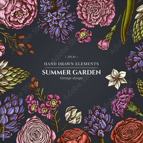 Floral design on dark background with peony, carnation, ranunculus, wax flower, ornithogalum, hyacinth