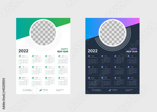 Wall Calendar 2022, 1 Page Wall Calendar 2022 Template Design, Gradient Color Wall Calendar
