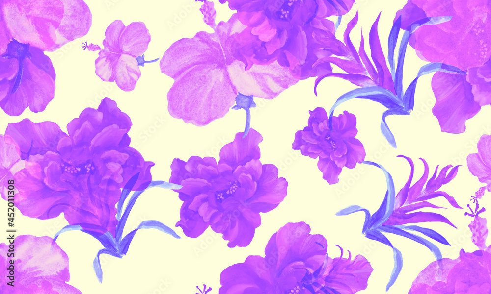 Purple Hibiscus Jungle. Vanilla Flower Texture. Pink Seamless Foliage. Violet Watercolor Design. Pattern Garden. Tropical Design. Exotic Background.Art Foliage
