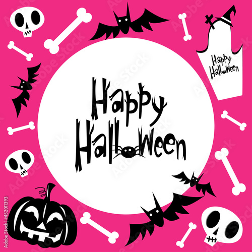Vector halloween party invitation on pink background. Vector halloween party background with pumpkin, witch head, bat, headstone and text Happy Halloween for fabrics, paper, textile, gift wrap 