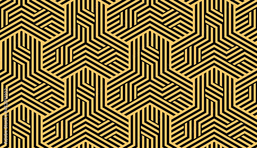 Abstract geometric pattern with stripes, lines. Seamless vector background. Gold and black ornament. Simple lattice graphic design Abstract geometric pattern with stripes, lines. Seamless vector background. Gold and black ornament. Simple lattice graphic design