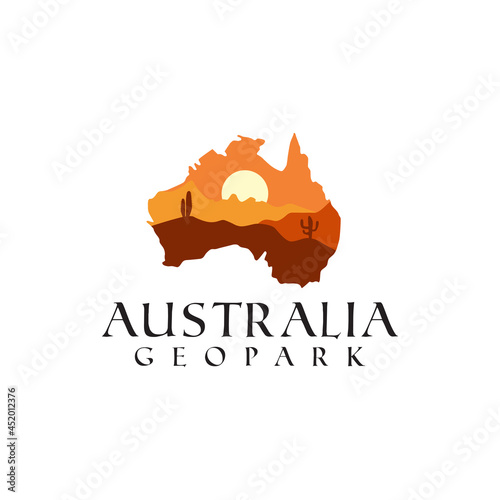 Australia map sunset landscape background cactus mountain logo design