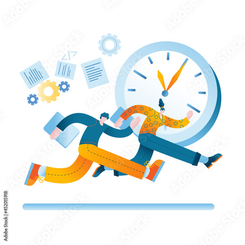 A man and a woman try to catch up with the clock. Concept of a vector illustration on the topic of time management.